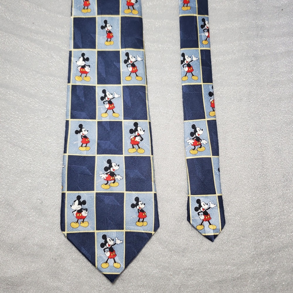 Mickey & Co Disney Mens Blue Checkered Mickey‎ Mouse 100% Silk Necktie Vintage